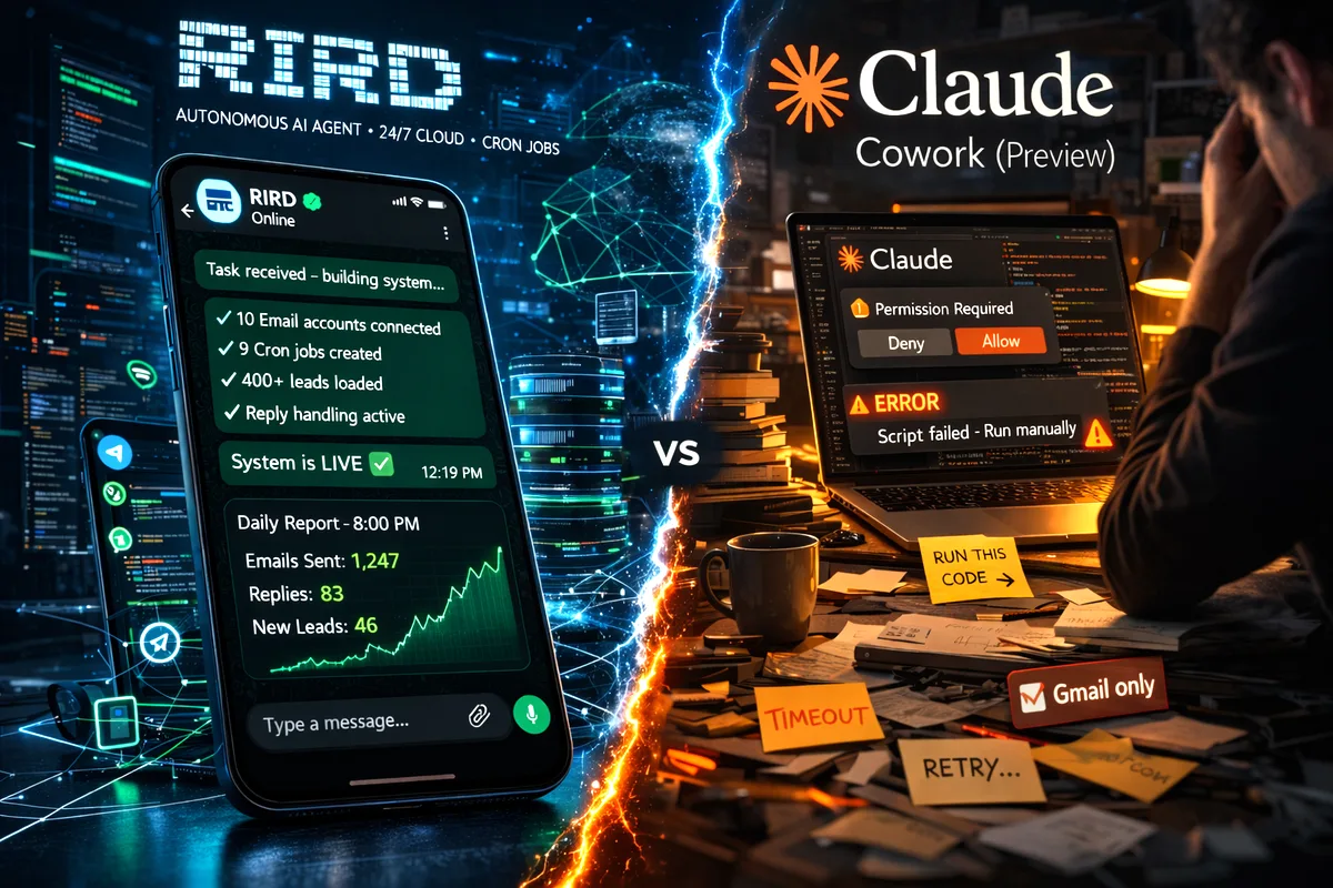 Claude Cowork vs RIRD comparison - desktop AI copilot vs autonomous cloud AI agent