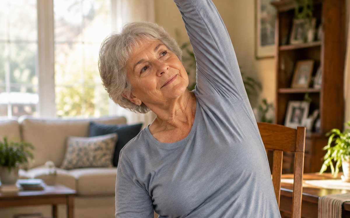 Woman doing a gentle seated exercise in a chair