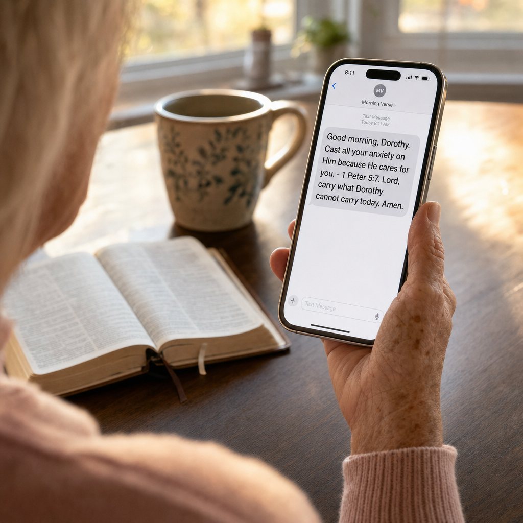 A Morning Verse text on a phone next to a coffee mug and an open Bible