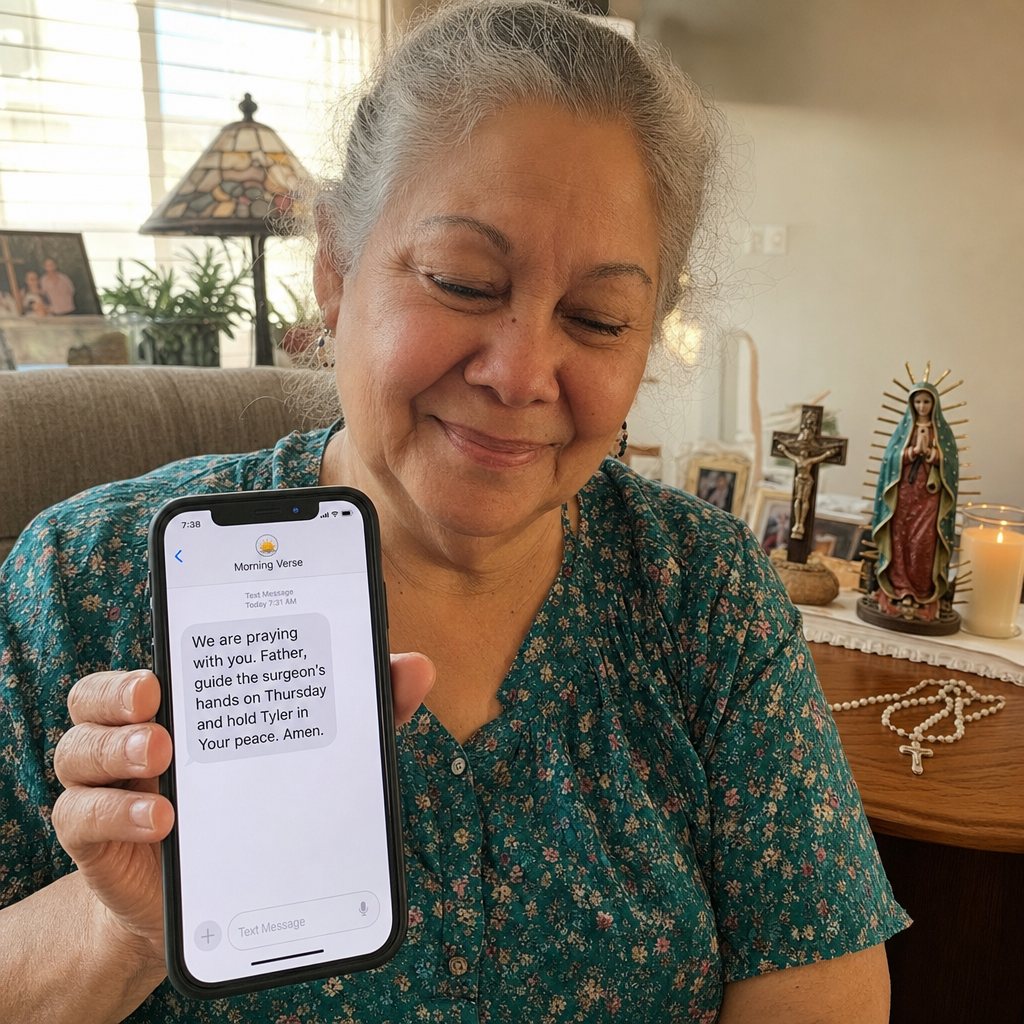 A grandmother smiling at a prayer she received by text